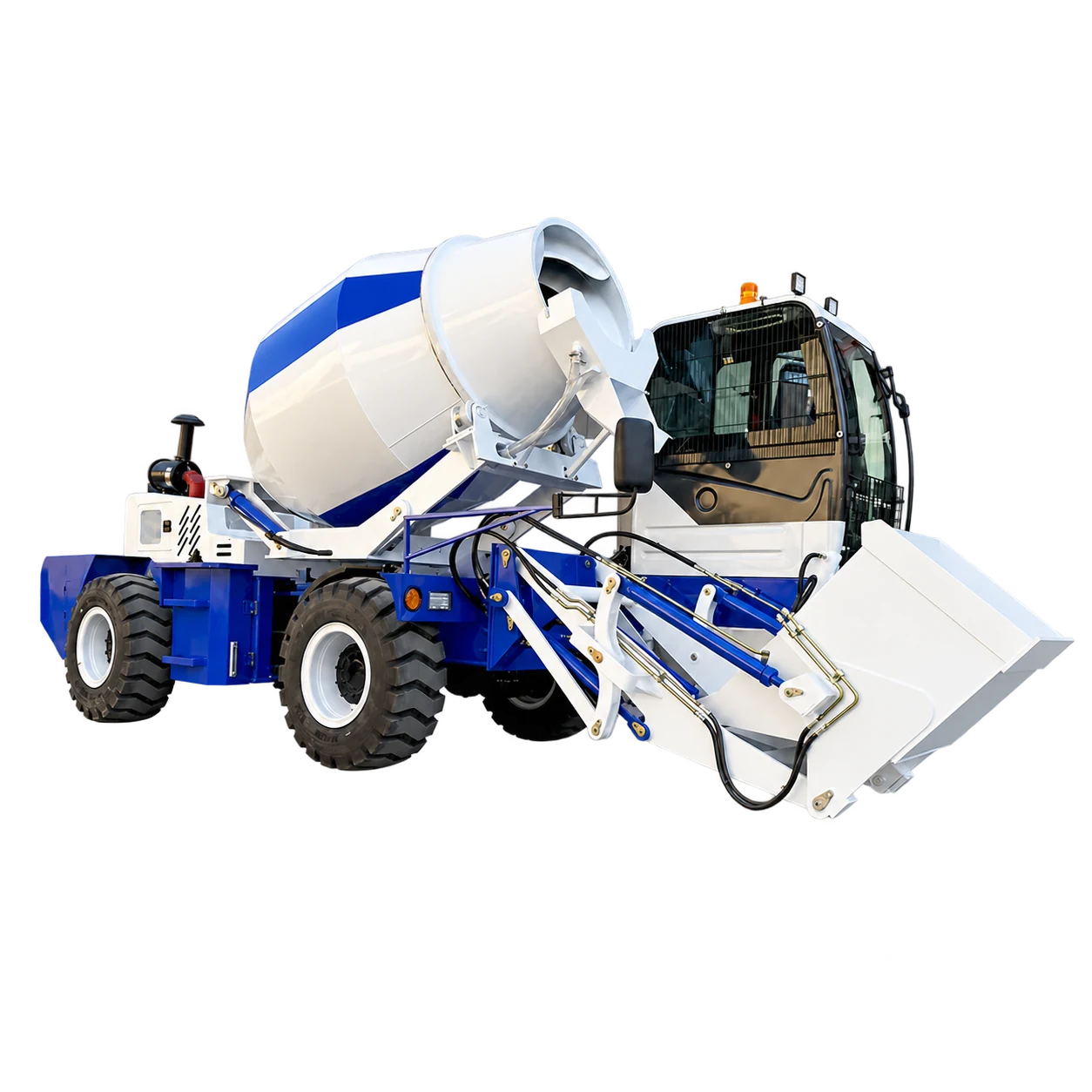 View of a blue and white Ray Bridge self-loading concrete mixer